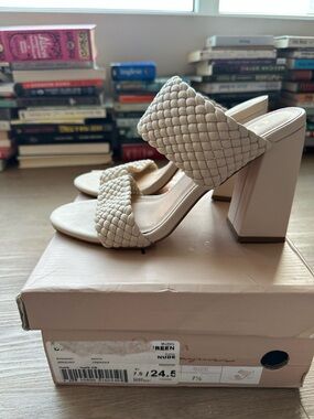 Nude Braided Block Heel Sandals - Women's
